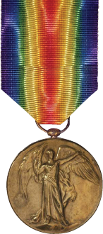The Victory Medal was issued to all those who had already qualified for the 1914 Star or the 1914-15 Star, and to most persons who had already qualified for the British War Medal. The Victory Medal was awarded to all New Zealand troops serving overseas, except for those who arrived in Samoa after 30 August 1914 and those serving in Great Britain only. Victory Medal